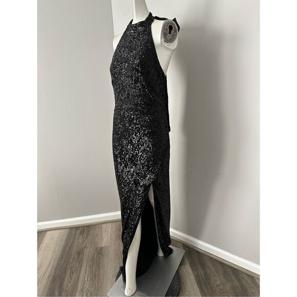 NWT Nookie High Halter Neck Bow Side Split Sequin Charisma Gown Black Size Large - Picture 5 of 10